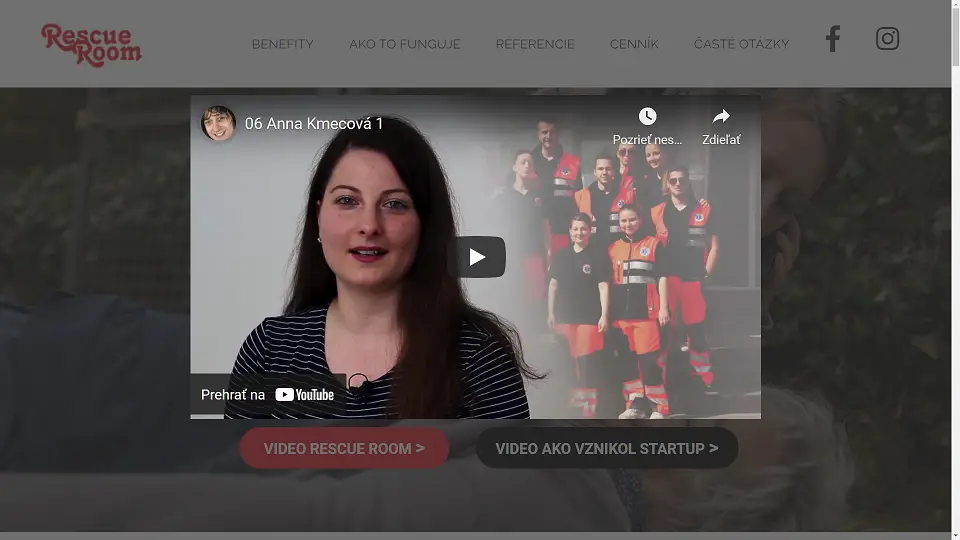 Rescueroom.sk - web klientky, kde je pop-up video kód nasadený.